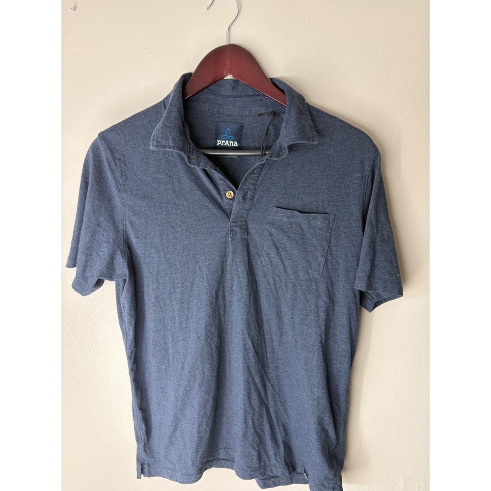 Prana Mens Short Sleeve Polo Shirt Heathered Navy Blue Pocket Polo Size Small